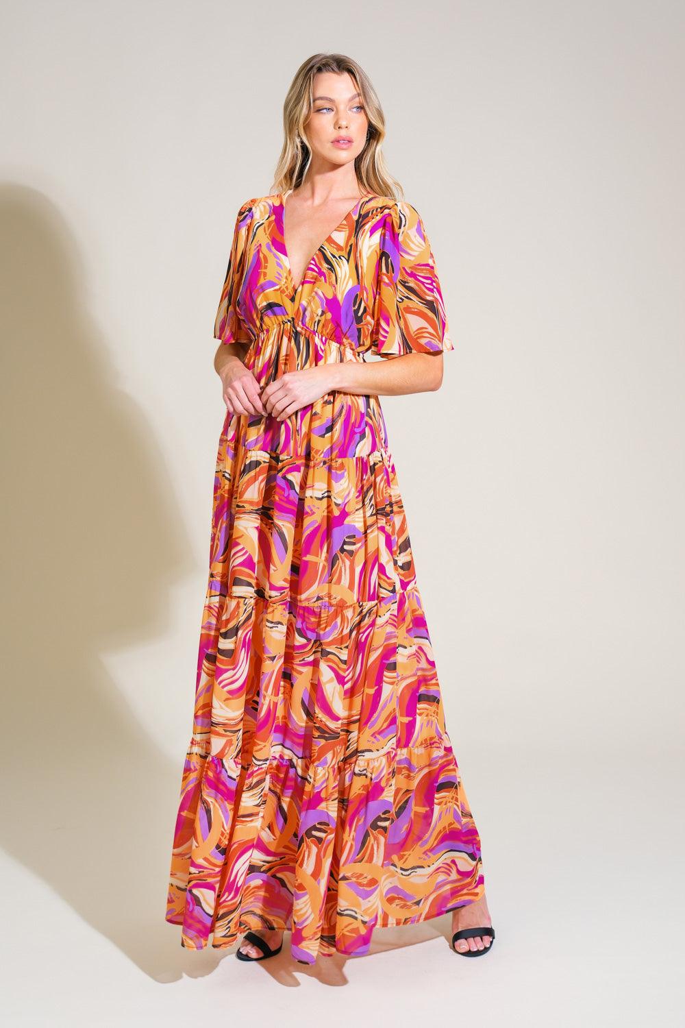 Model wearing Refreshing Vibe Woven Maxi Dress in mustard and magenta.