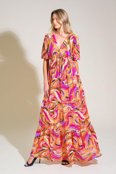 Refreshing Vibe Woven Maxi Dress in mustard and magenta, side view.