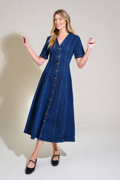 PATCHWORK PARADISE DENIM MIDI DRESS