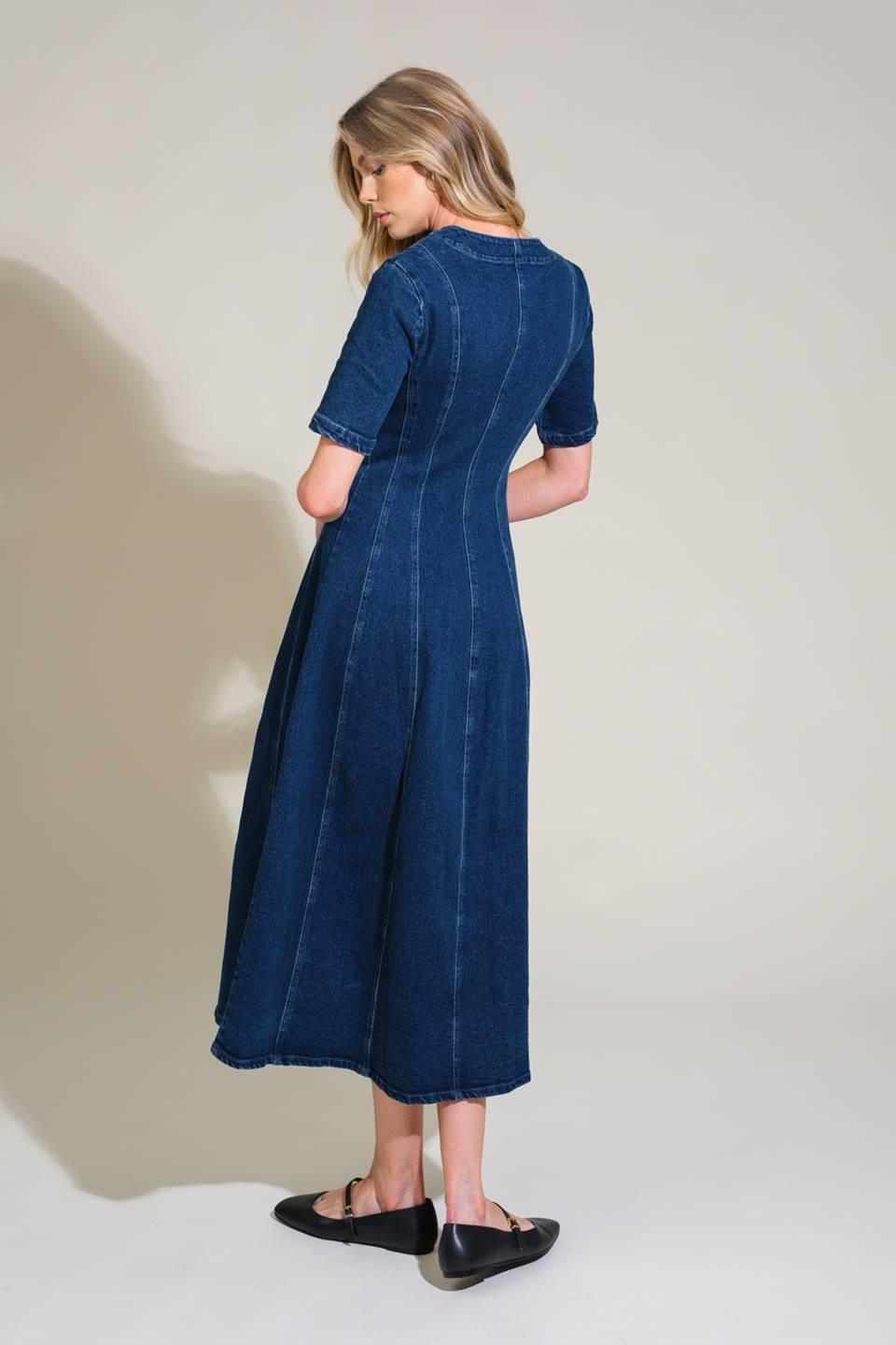 PATCHWORK PARADISE DENIM MIDI DRESS