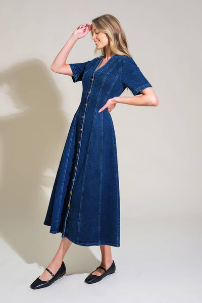 PATCHWORK PARADISE DENIM MIDI DRESS