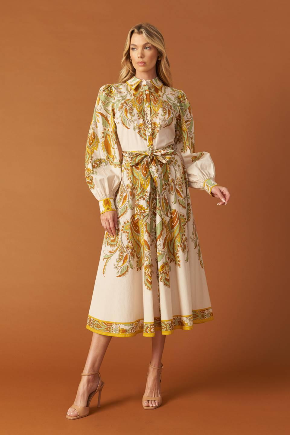 FIELDS OF GOLD WOVEN MIDI SHIRT DRESS