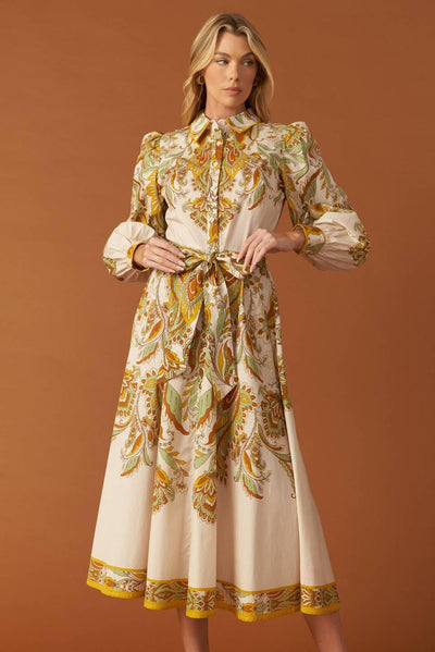 FIELDS OF GOLD WOVEN MIDI SHIRT DRESS