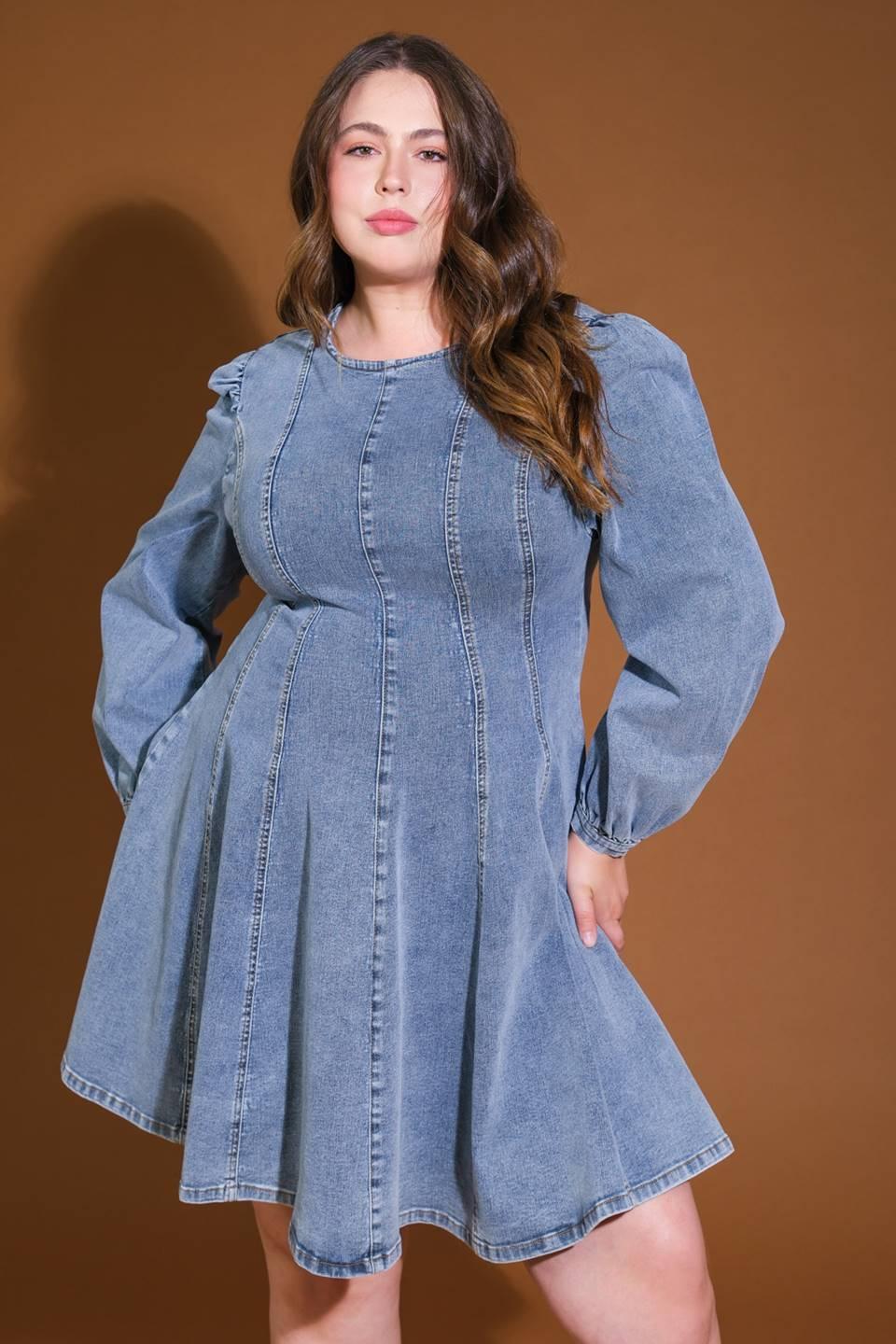 Front detail of plus-size denim mini dress