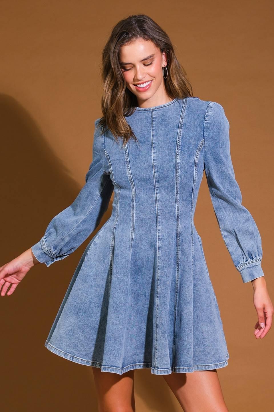 Front view of blue acid wash denim mini dress