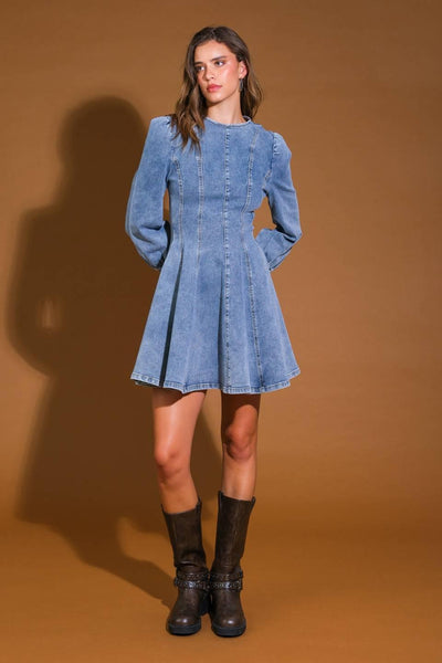 Blue acid wash denim mini dress with long sleeves