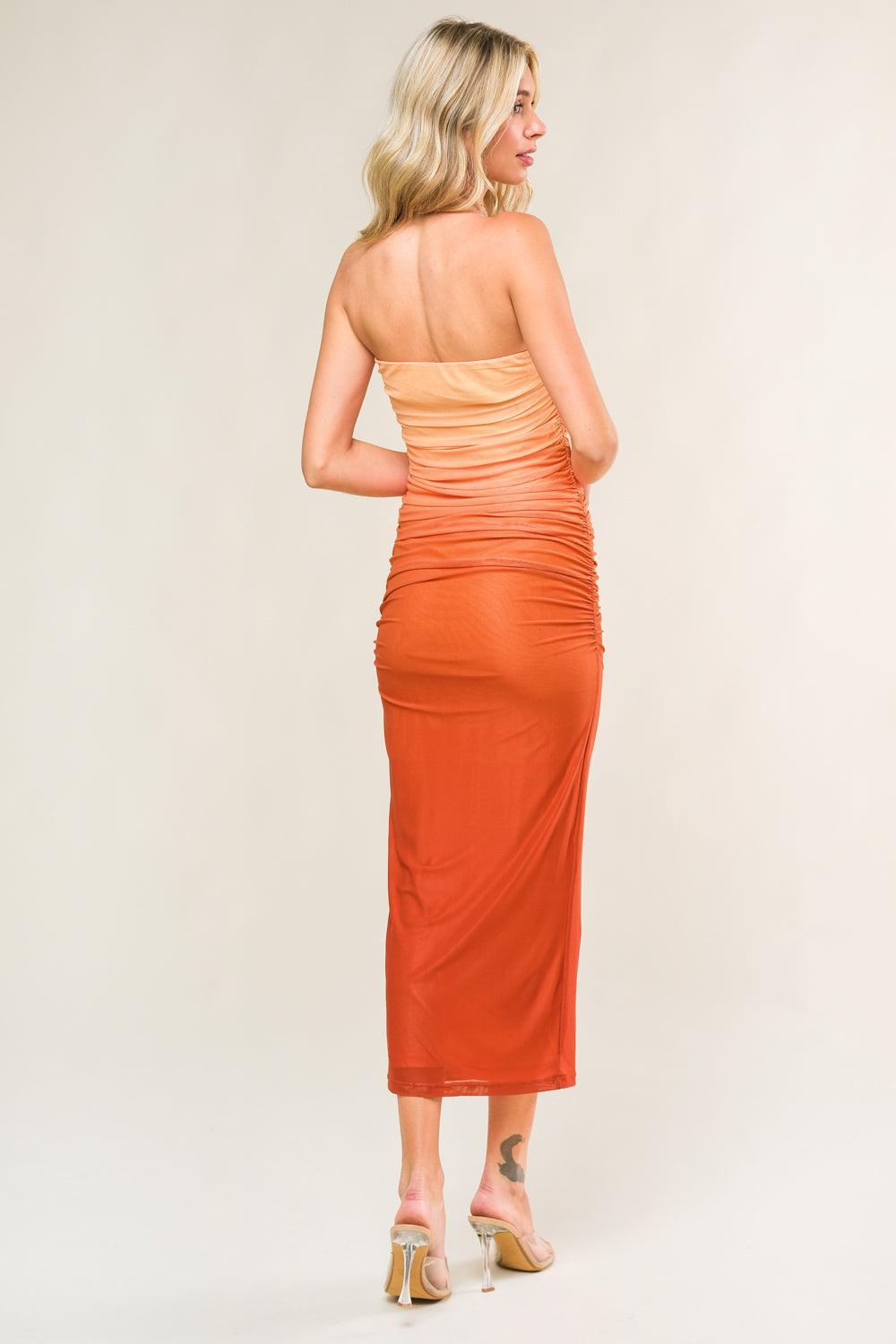 Rust mesh midi dress, strapless, back view