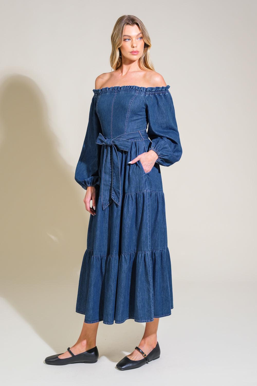 Side view of Artistic Impulse denim midi dress