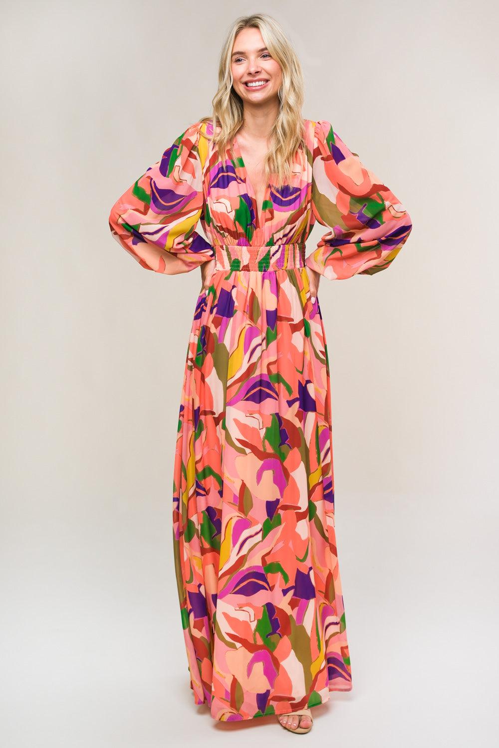 Peach woven maxi dress with colorful abstract print