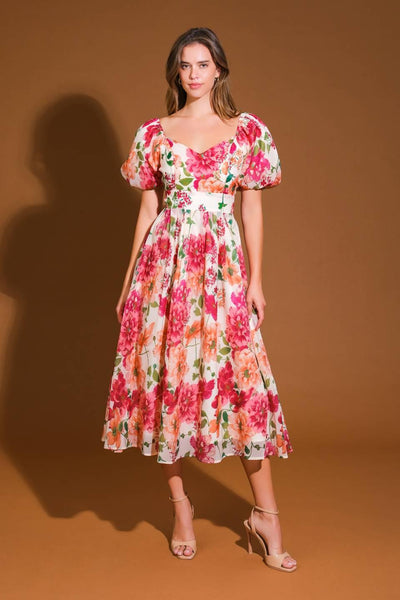 FLORAL REVERIE WOVEN MIDI DRESS