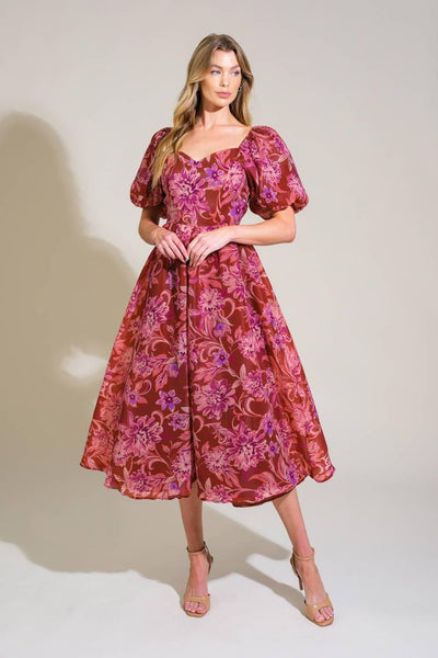 RADIANT DAY FLORAL WOVEN MIDI DRESS