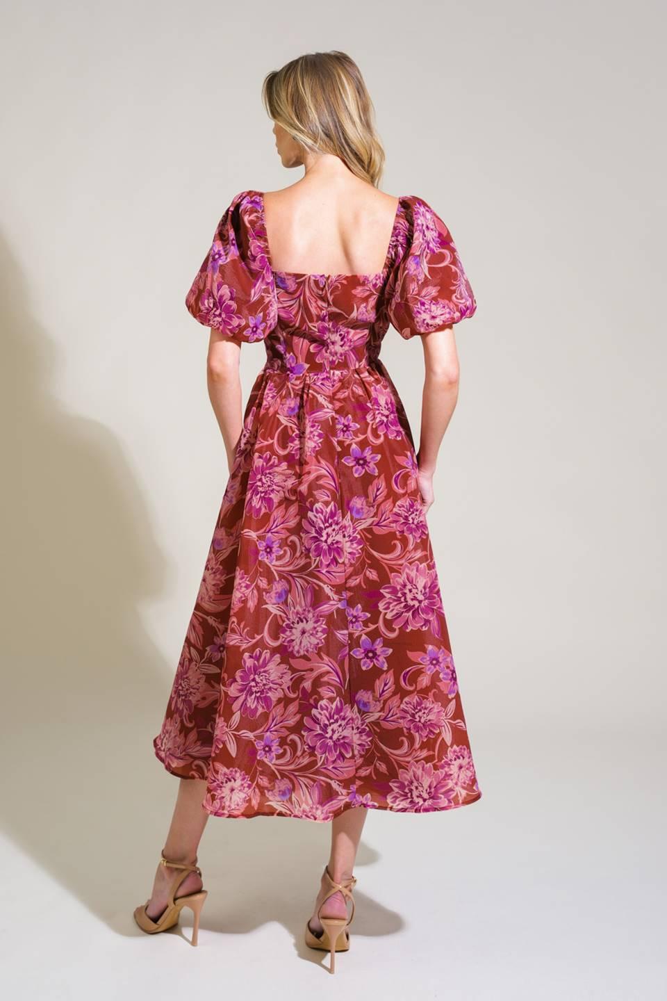 RADIANT DAY FLORAL WOVEN MIDI DRESS