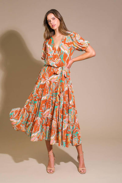 Rust woven midi dress with floral pattern, front view