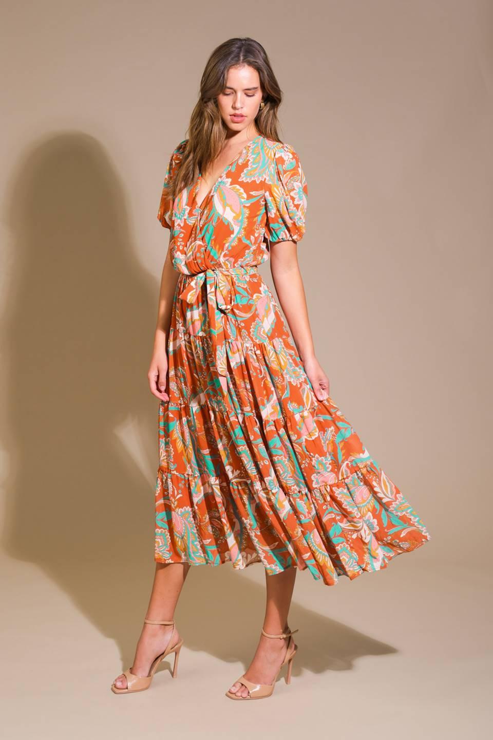 Rust woven midi dress, model posing, side view