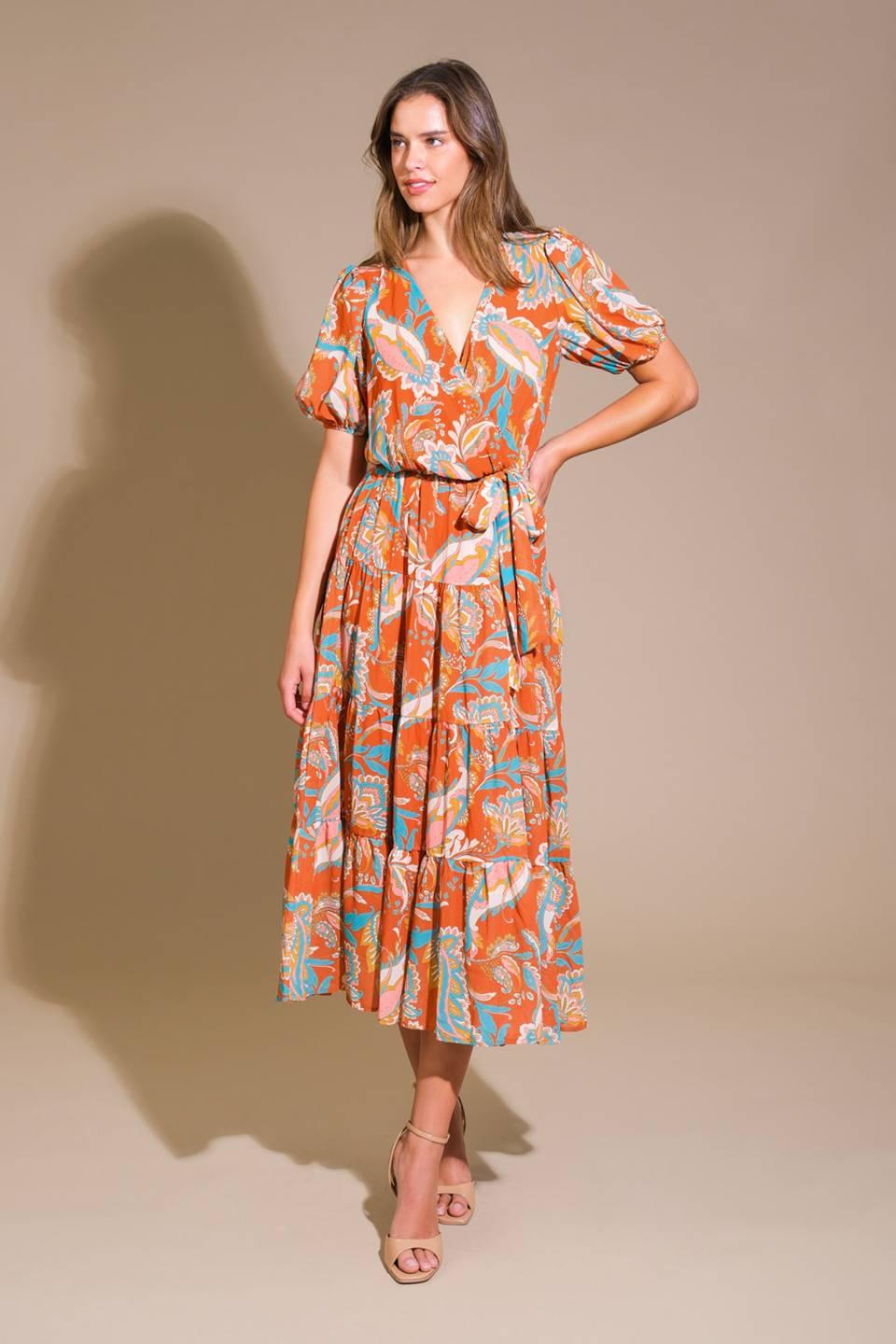 Rust woven midi dress, model standing, front view