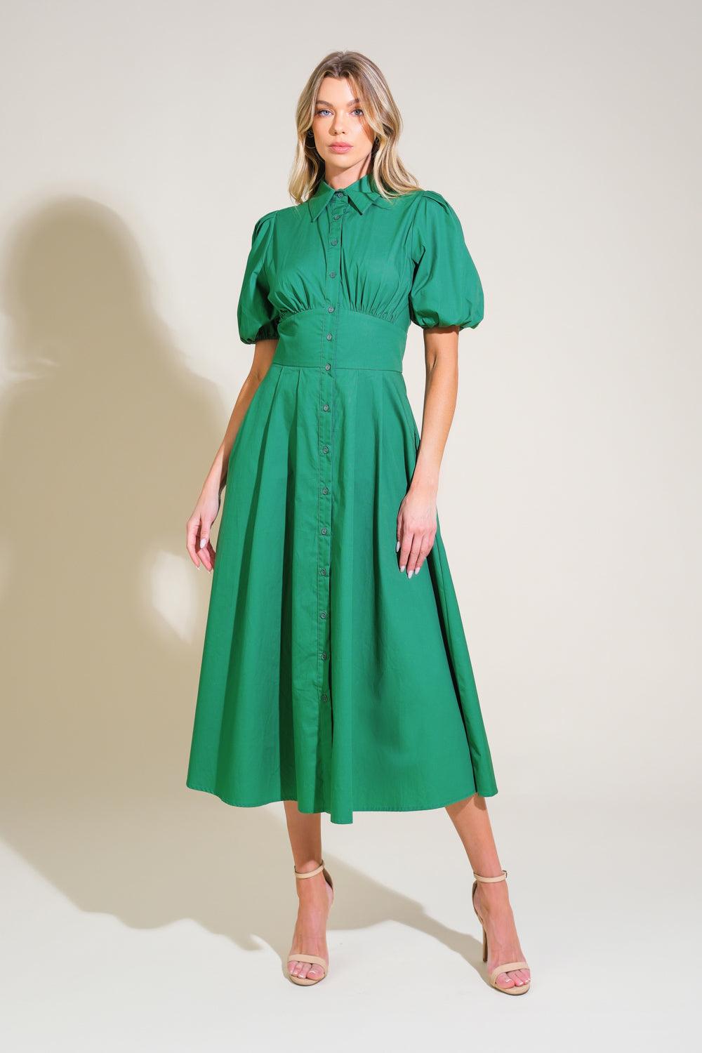 Green Stitched Serenity Woven Midi Dress front view