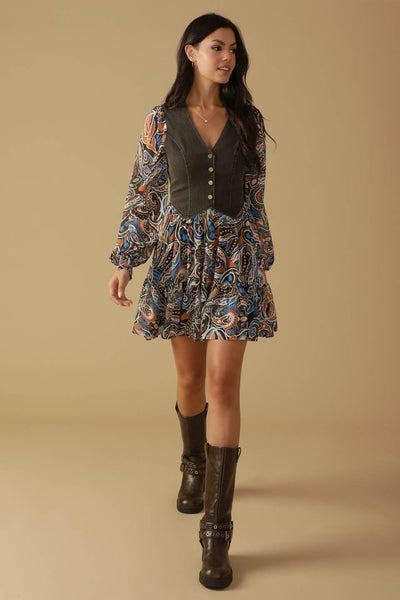 SAVOR THE SEASON WOVEN AND DENIM MINI DRESS