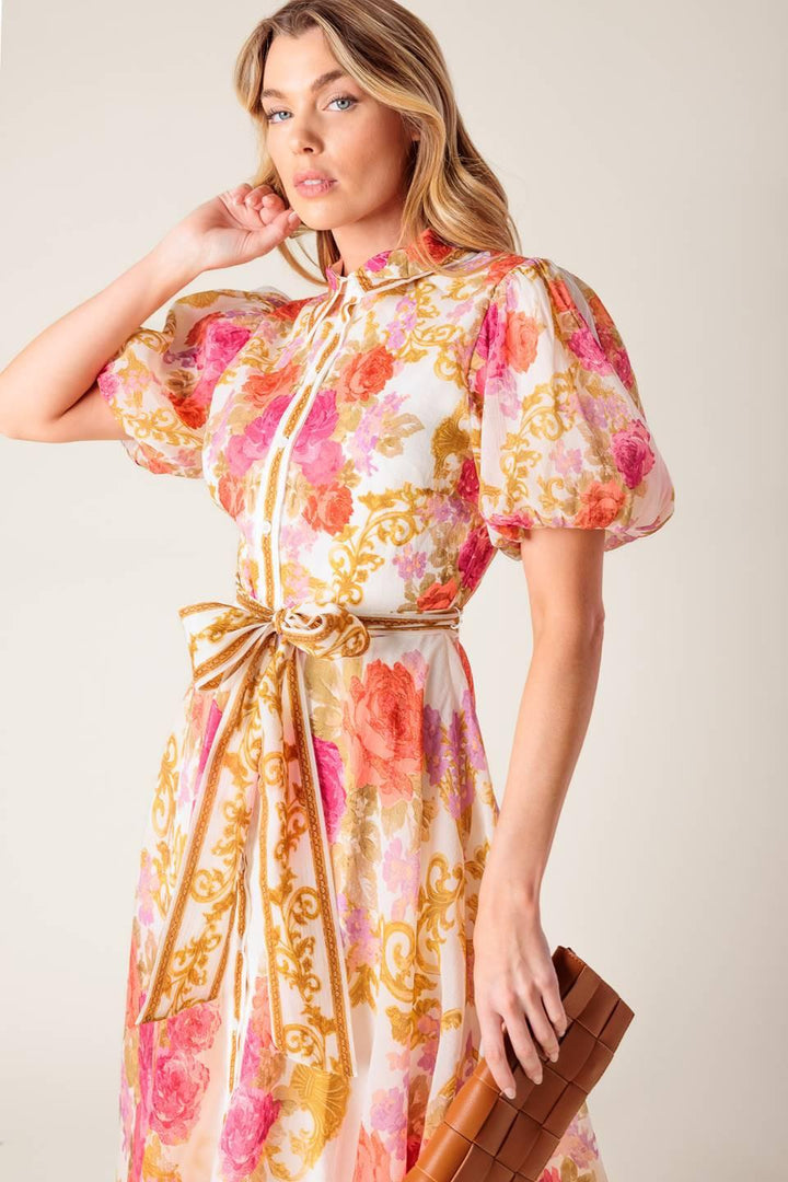 GARDEN TAPESTRY IVORY FLORAL WOVEN MIDI DRESS
