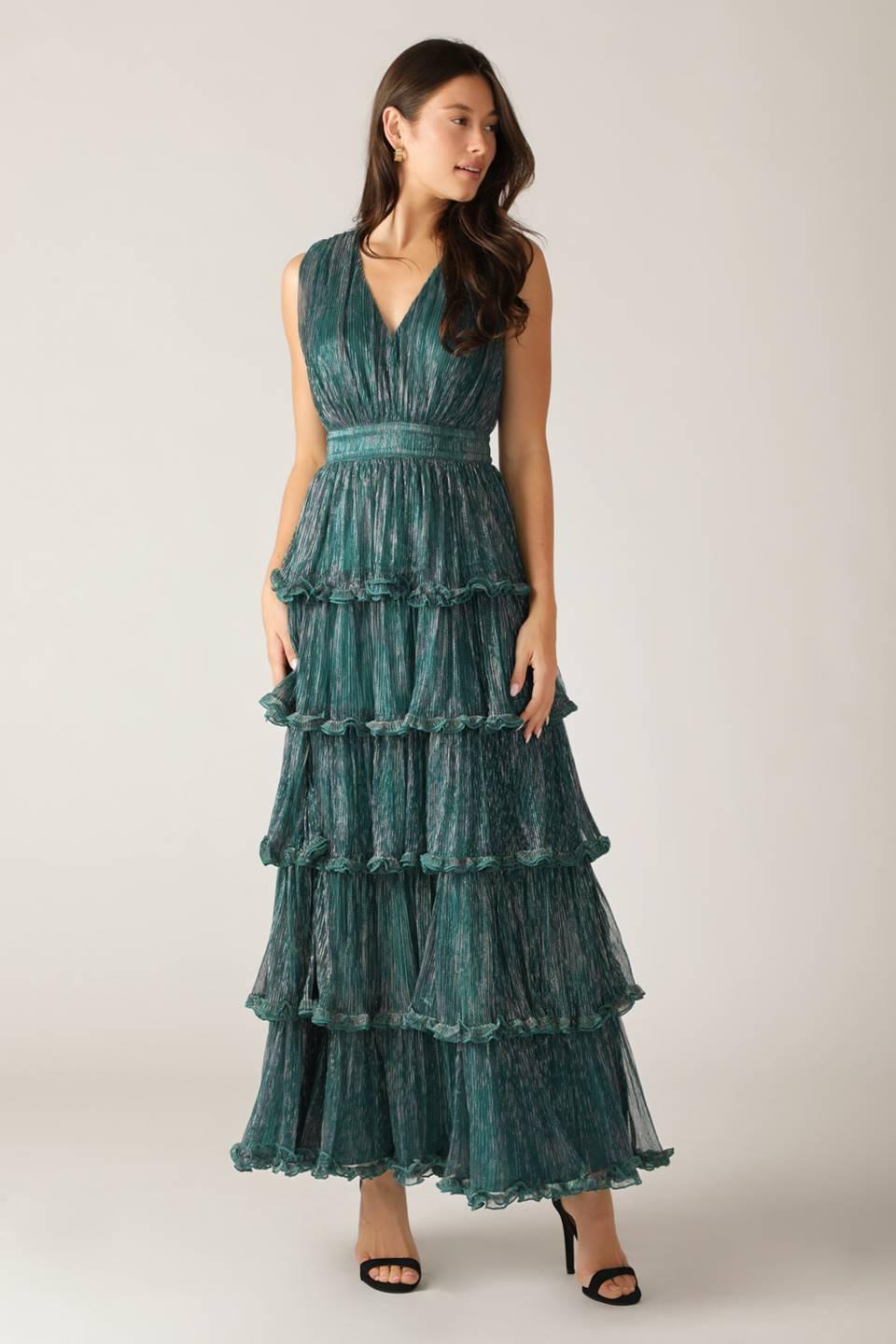 Full front view of teal green woven pleated maxi dress.