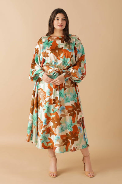 Plus size front view of Mystic Twilight Woven Midi Dress, floral