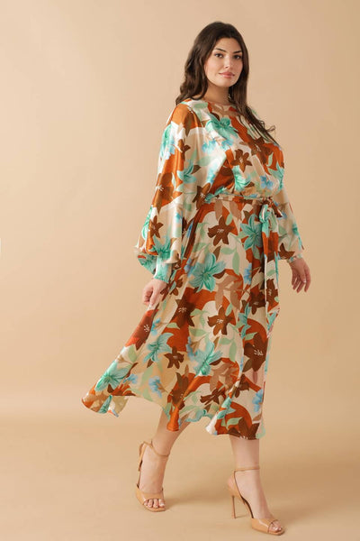 Side view of plus size Mystic Twilight Woven Midi Dress, floral