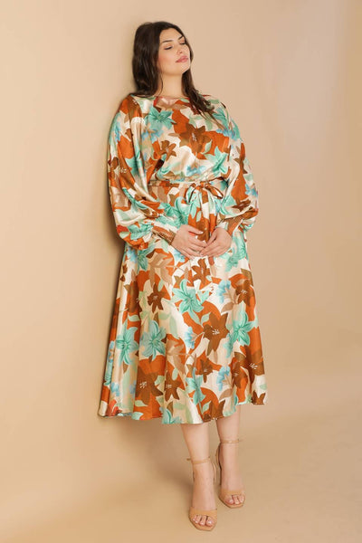 Relaxed pose in Mystic Twilight Woven Midi Dress, floral pattern