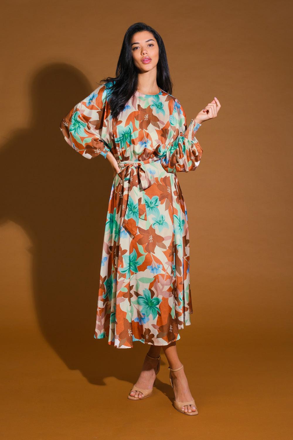 Front view of Mystic Twilight Woven Midi Dress, rust teal floral