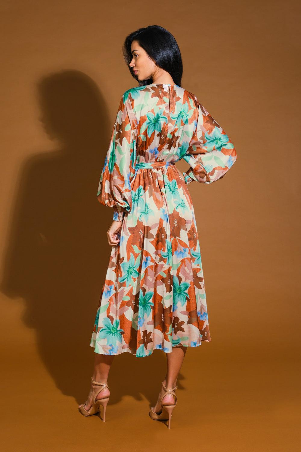 Back view of Mystic Twilight Woven Midi Dress, rust teal design