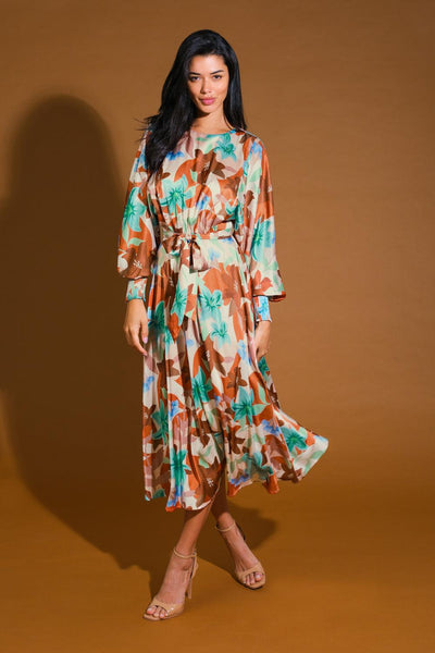 Mystic Twilight Woven Midi Dress, rust and teal floral pattern