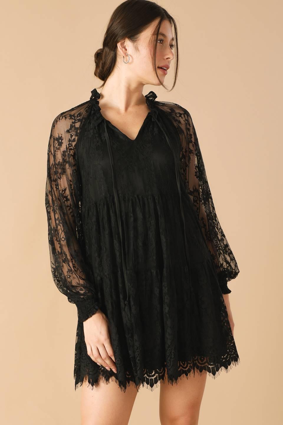 Close-up of black woven lace mini dress with sheer details