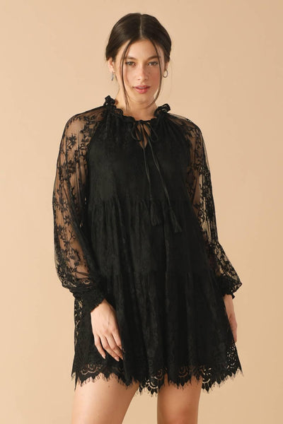 Front view of black woven lace mini dress with tie neckline