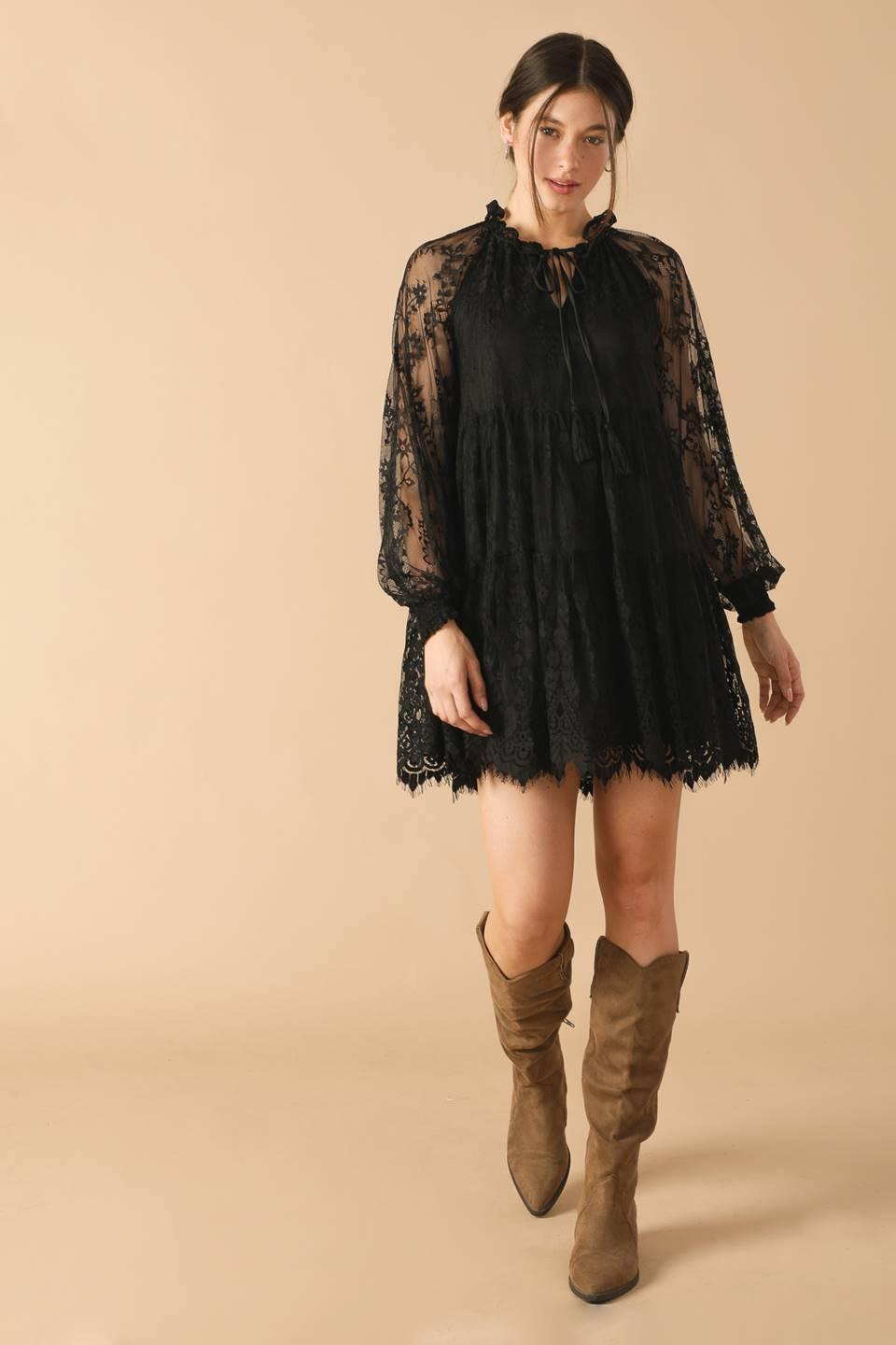 Black woven lace mini dress with sheer sleeves, front view