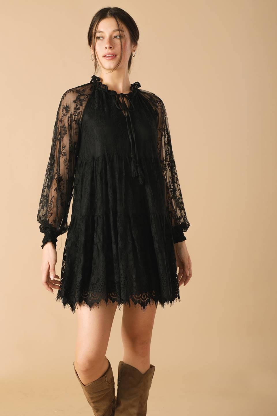 Black woven lace mini dress with floral lace pattern