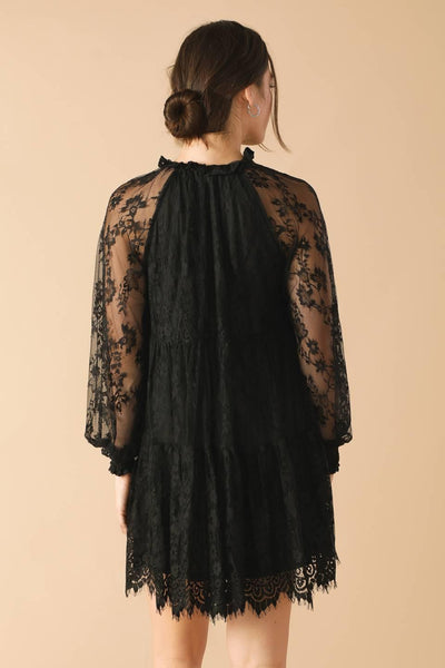 Black woven lace mini dress with sheer sleeves, back view