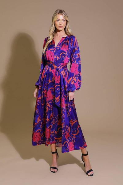 Navy and coral woven midi dress with long sleeves, front view.