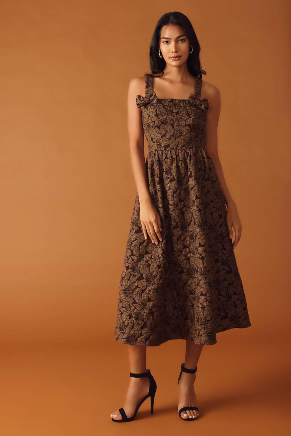 Brown woven midi dress with floral pattern, front view