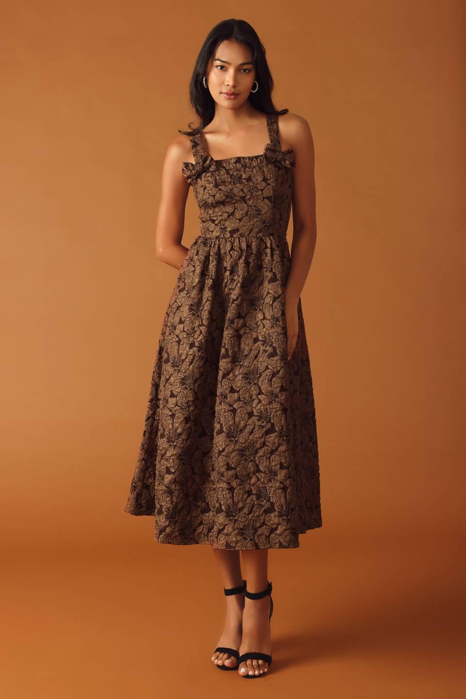 Brown woven midi dress, side view with floral design