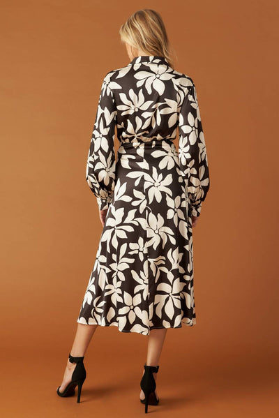 Back view of black and white floral woven midi dress