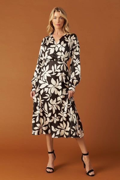 Front view of black and white floral woven midi dress