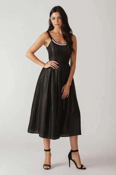 Full view of black woven midi dress with embellished neckline