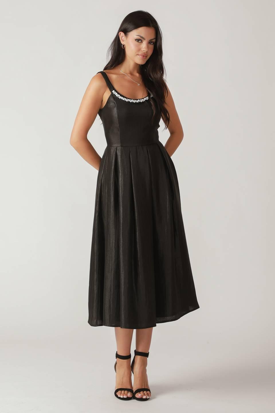 Black woven midi dress with pleated skirt and embellished neckline