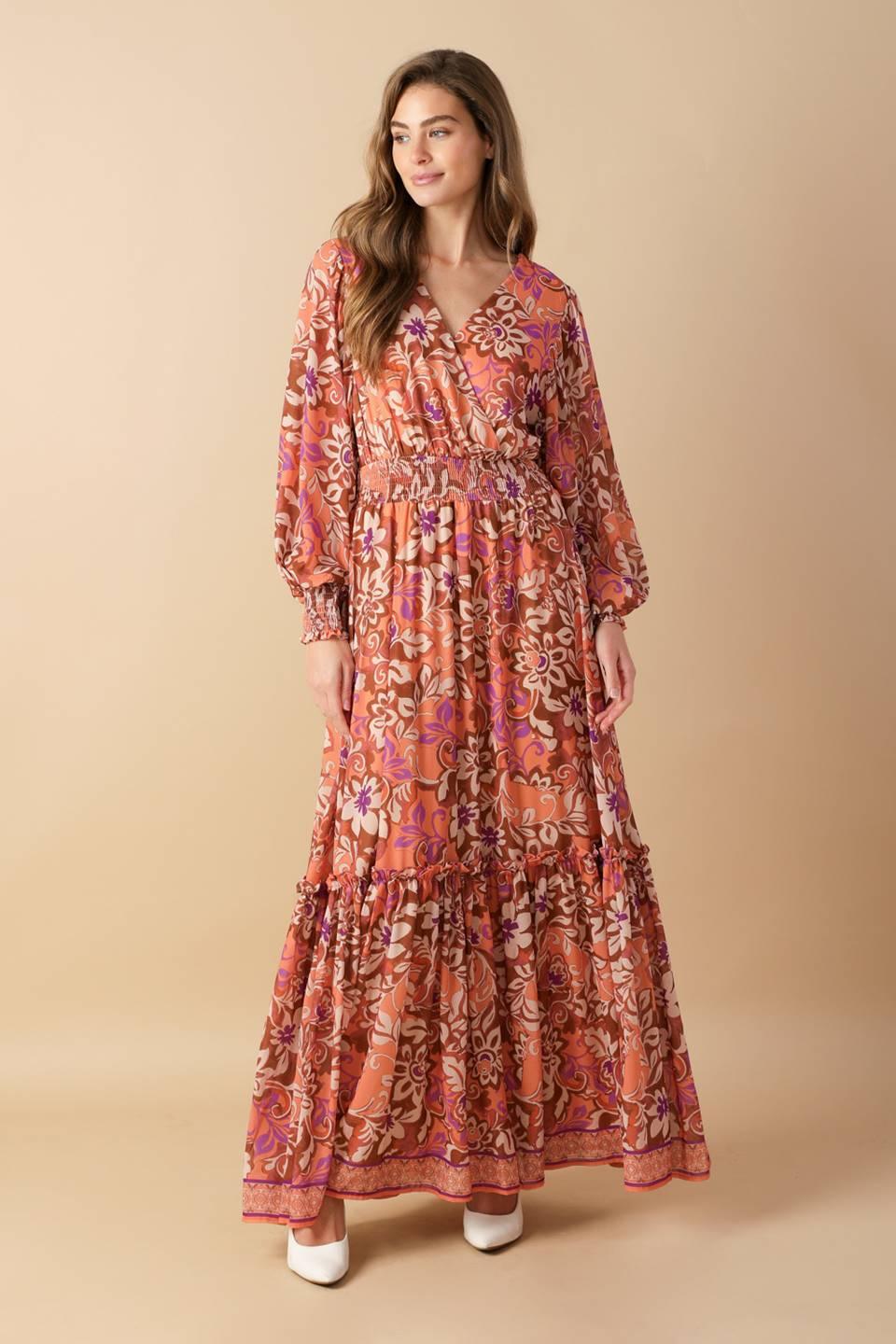 Whispering Willows woven maxi dress, floral pattern, front view