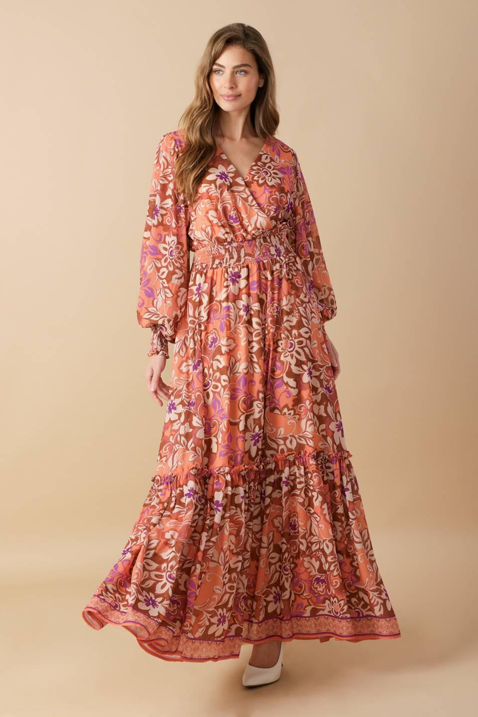 Whispering Willows woven maxi dress, floral pattern, front view