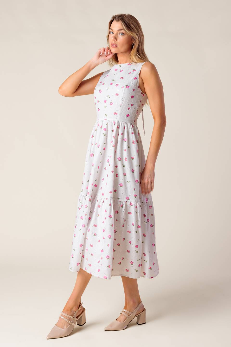 THENA GARDEN PARTY WOVEN EYELET MIDI DRESS