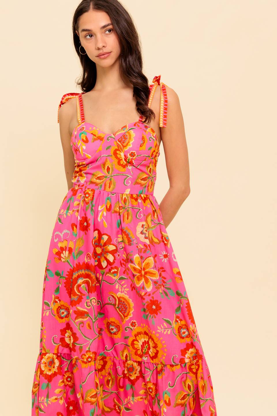 GARDEN GATHERING PINK WOVEN MIDI DRESS