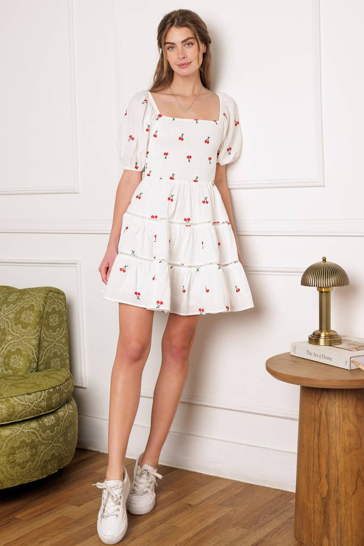 STILL DECIDING EMBROIDERED MINI DRESS