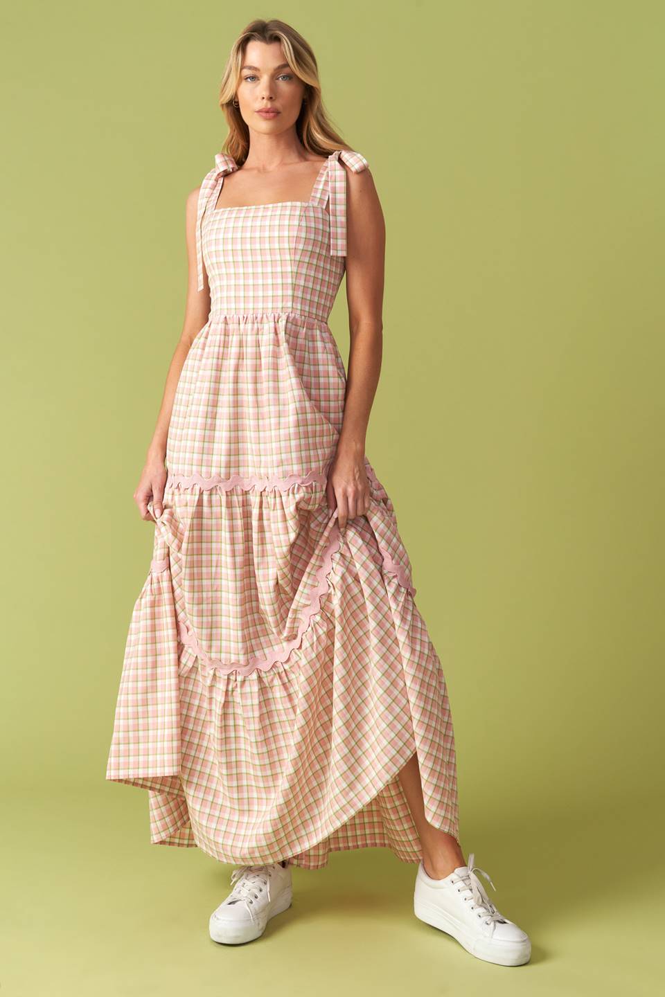 IMAGINE THAT GREEN PINK PLAID MIDI DRESS