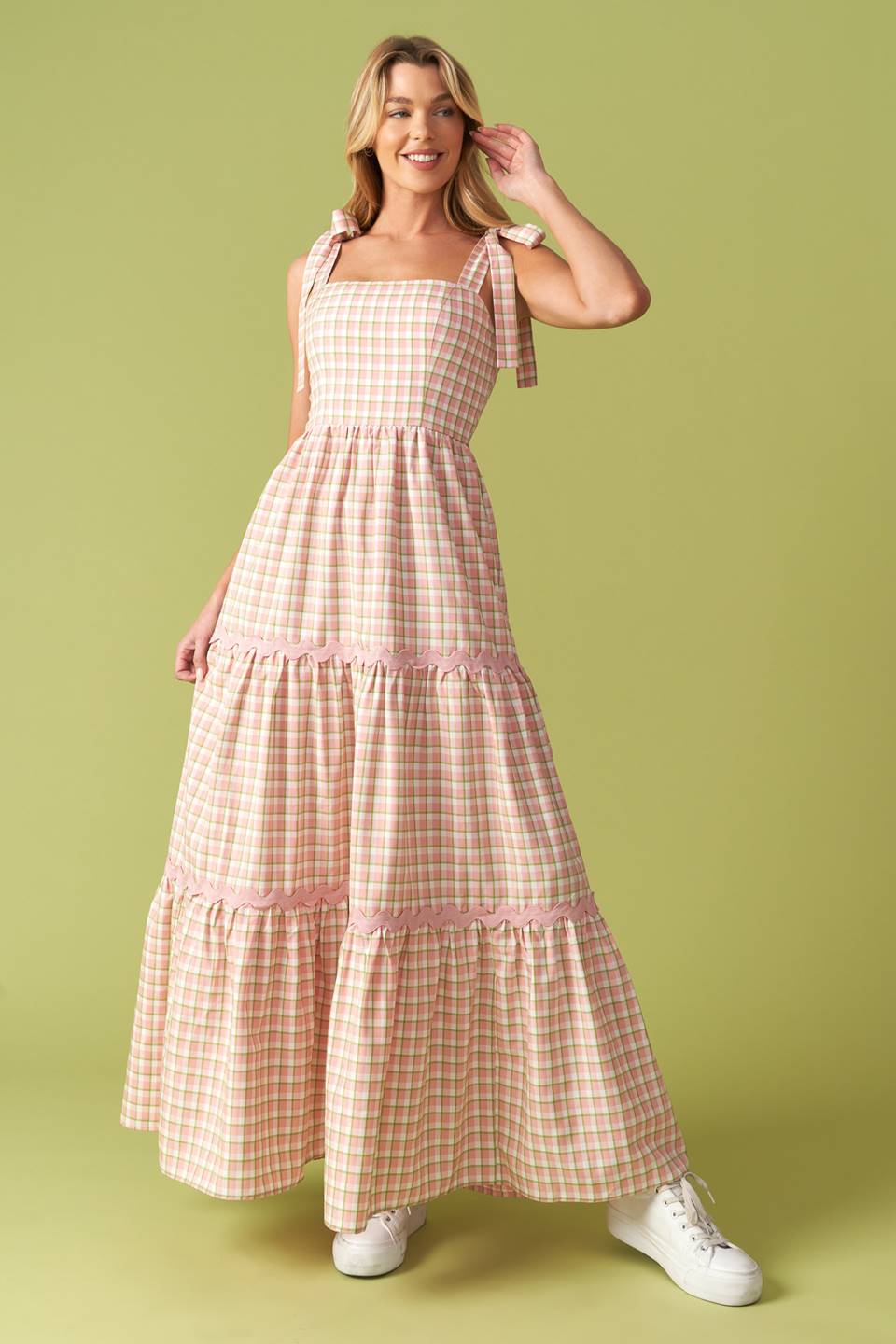 IMAGINE THAT GREEN PINK PLAID MIDI DRESS