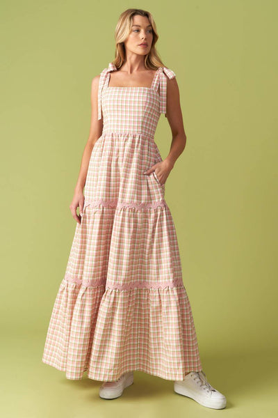 IMAGINE THAT GREEN PINK PLAID MIDI DRESS