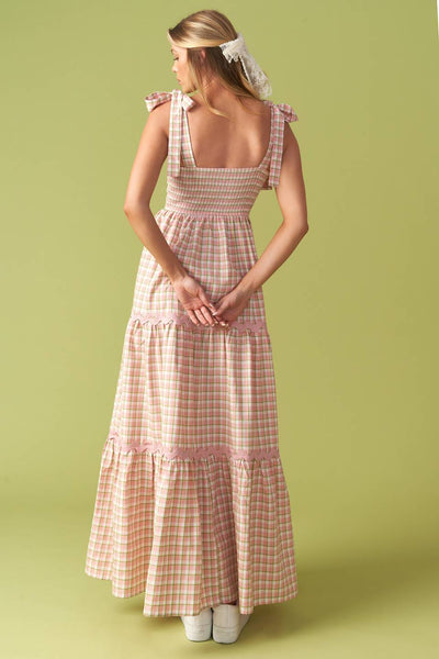 IMAGINE THAT GREEN PINK PLAID MIDI DRESS